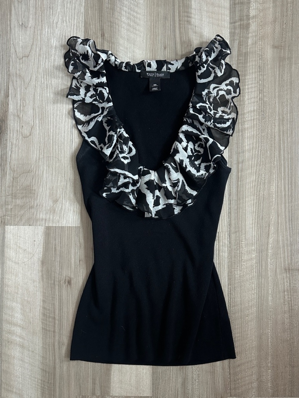 White House Black Market Black Tank with White Floral Ruffle